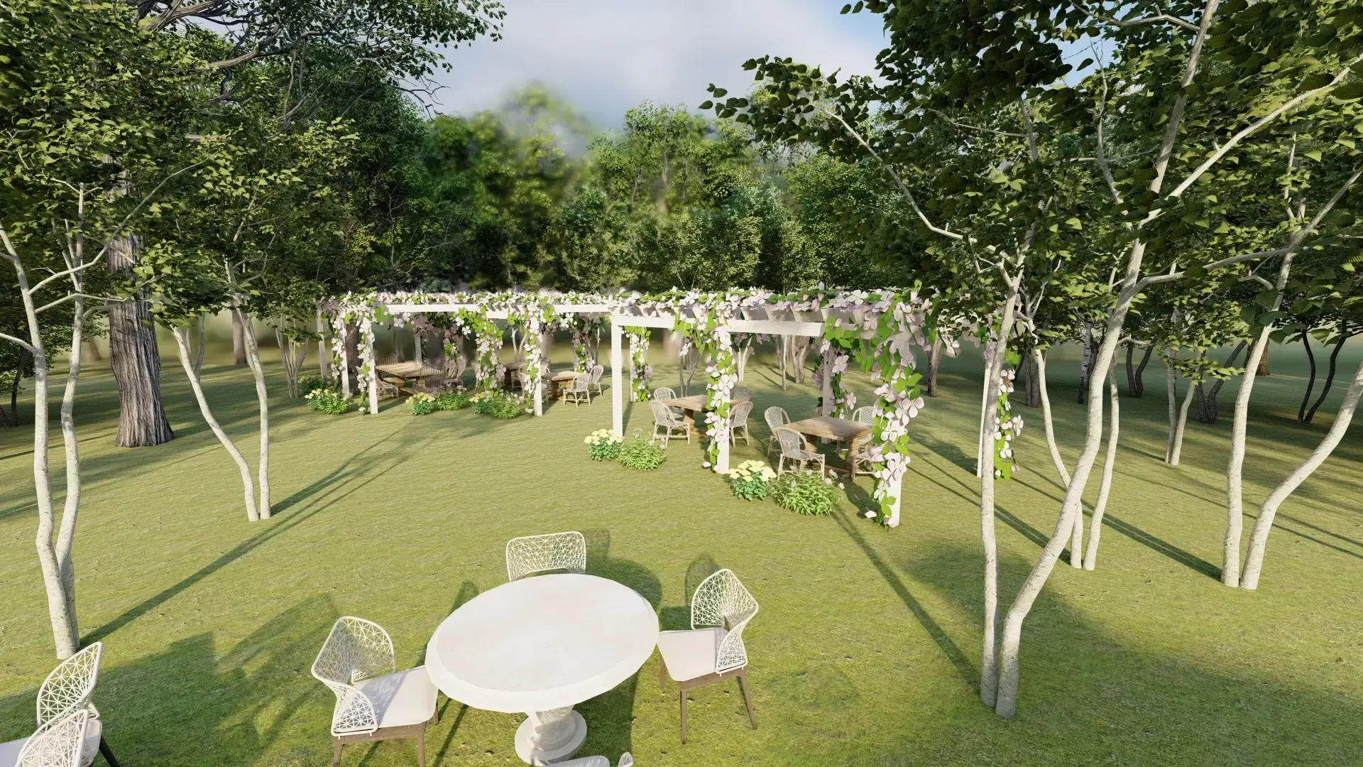 outdoor pergola with flowers and wooden chairs and tables on grass