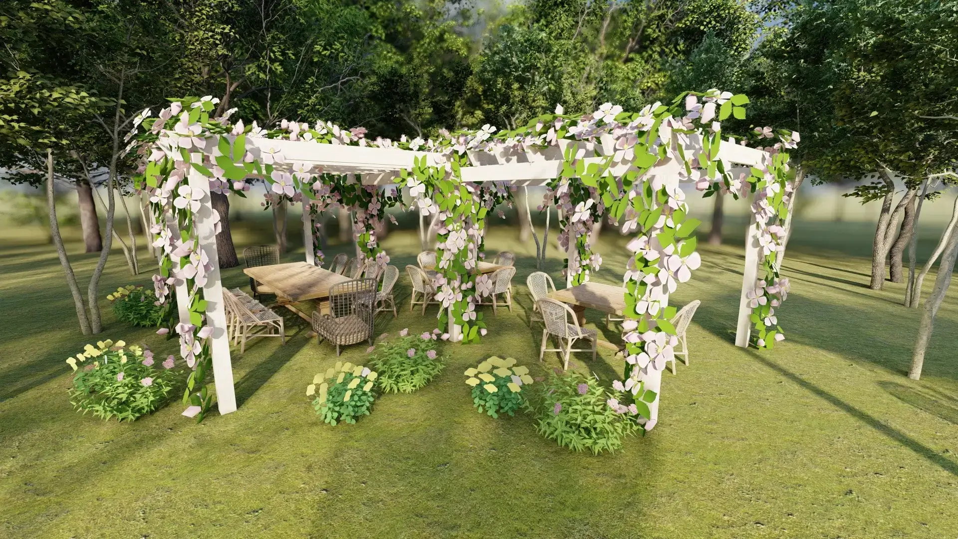outdoor pergola with flowers and wooden chairs and tables on grass